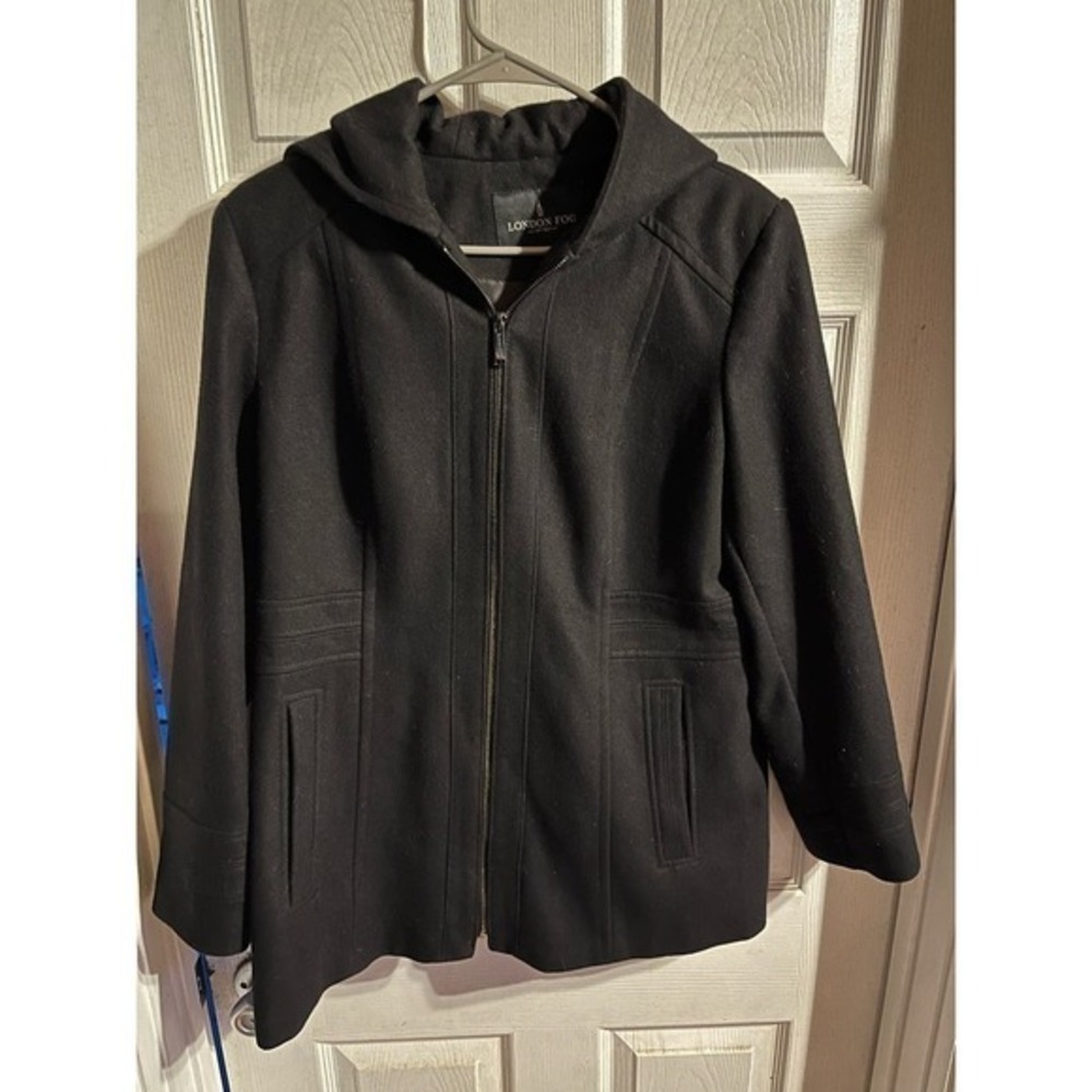 London Fog Women’s Wool Full Zip Hooded Black‎ Jacket Size Medium